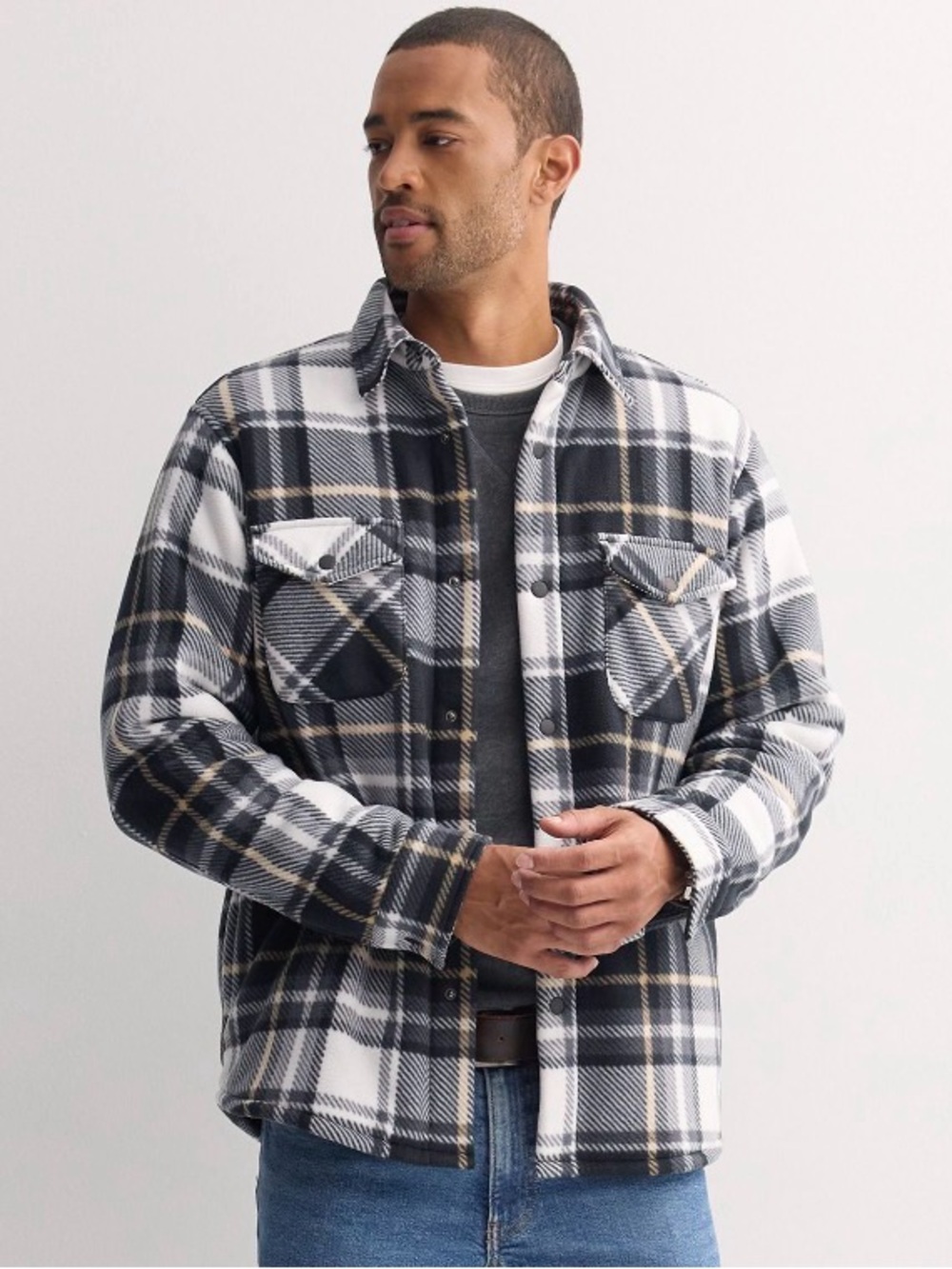Sonoma Black, White & Tan Plaid Lightweight Shacket